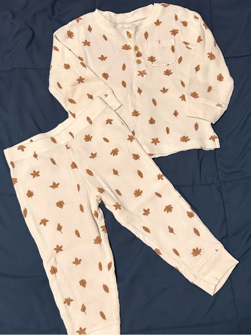 Cream Waffle Knit Long-Sleeve Top with Brown Leaf Print - Picture 2 of 4